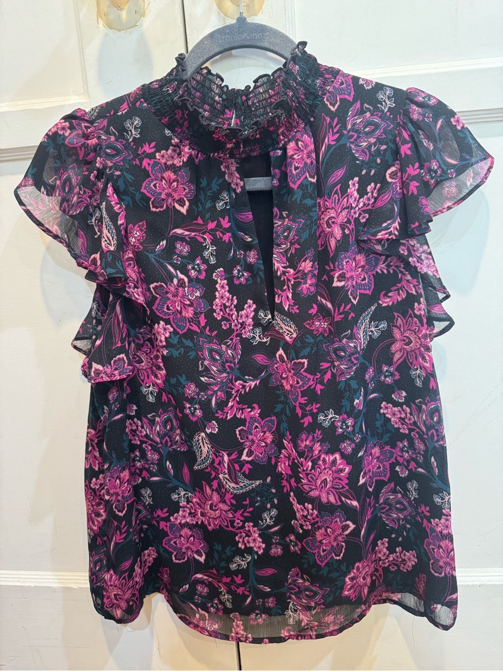 STATE Black Floral Ruffle Mock-Neck Blouse with Magenta Print